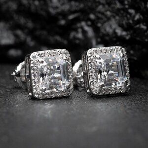 Mens Square Sterling Silver Iced Cz Asscher Cut Hip Hop Stud Earrings